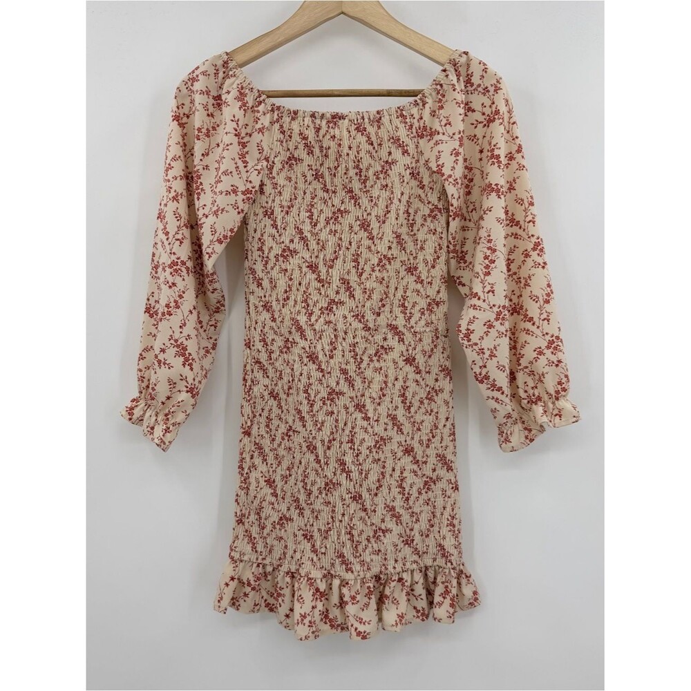 Pink Lily Floral Smocked Mini Dress Cream Red Off Shoulder Long Sleeve S